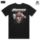Black t-shirt with engine graphic and 'Barra the World' text on a white background